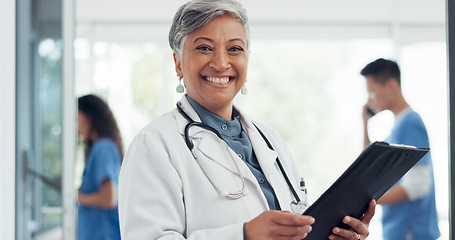 Image showing Face of a doctor in hospital management success, healthcare vision and cardiology trust with checklist for insurance documents. Happy medical Indian woman with paperwork for clinic schedule or agenda