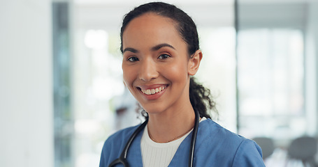 Image showing African American Women, face and doctor smile for healthcare, vision or career ambition and advice at the hospital. Portrait of happy and confident Japanese medical expert smiling, phd or medicare at