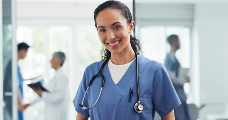 Image showing African American Women, face and doctor smile for healthcare, vision or career ambition and advice at the hospital. Portrait of happy and confident Japanese medical expert smiling, phd or medicare at