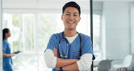 Image showing Asian man, face and doctor smile for healthcare, vision or career ambition and advice at the hospital. Portrait of happy and confident Japanese medical expert smiling, phd or medicare at the clinic