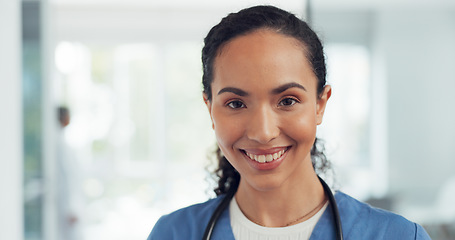 Image showing African American Women, face and doctor smile for healthcare, vision or career ambition and advice at the hospital. Portrait of happy and confident Japanese medical expert smiling, phd or medicare at