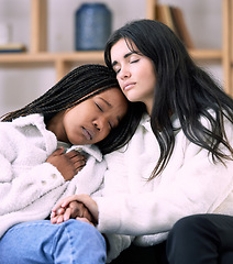 Image showing Sad, friends and hug with women on sofa in living room for comfort, grief and depression. Mental health, emotional support and care with girl consoling at home for solidarity, sympathy and worry