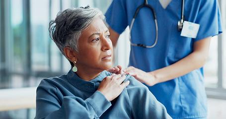 Image showing Physiotherapy, shoulder pain and nurse with senior woman in clinic for recovery. Physical therapy, rehabilitation and elderly female consulting medical physician for help with injury in hospital.