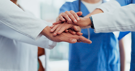 Image showing Doctors, hands or stack in teamwork, collaboration or motivation for healthcare, wellness or medical life insurance. Men, women or excited nurses in team building, support or solidarity in diversity