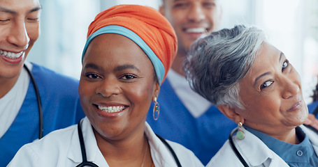 Image showing Thumbs up, peace and face of doctors with success, happy teamwork and thank you at a hospital. Healthcare, motivation and portrait of diversity in medical employees, hand emoji and smile for medicine