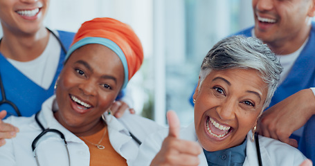 Image showing Doctor, team and face with smile for teamwork, collaboration or fun laughing in about us at hospital. Group of healthcare experts laugh and smiling in happiness for medical success or team building