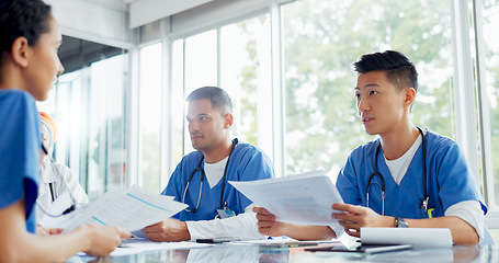 Image showing Handshake, welcome and doctors in an interview, planning meeting and healthcare schedule at a hospital. Support, partnership and medical employees shaking hands, agenda communication and solidarity