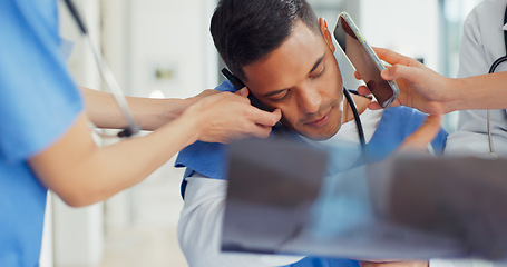 Image showing Doctor stress, burnout and people hands for phone call, documents and x ray working on time management, hospital and clinic problem. Healthcare, overworked and medical nurse or employee in office