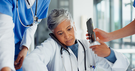 Image showing Busy, phone call and doctor with medical paperwork, health communication and help from nurse team at a hospital. Chaos, stress and healthcare consultant with anxiety from working medicine at a clinic