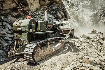 Image showing Bulldozer doing road construction in Himalayas