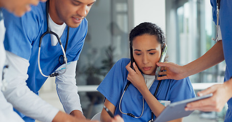 Image showing Burnout, doctor with phone call and medical paperwork, stress and administration anxiety, multitasking and overwhelmed in healthcare. Overworked, mental health with coworkers and time management fail