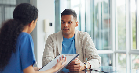 Image showing Patient consultation, clipboard and nurse doctor consulting man about health, results or hospital exam. Communication, medicine clinic and surgeon talking, advice and explain medical insurance policy