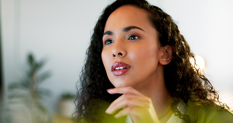 Image showing Business woman, face or thinking on computer in digital marketing office, web design studio or advertising branding startup. Closeup, young person using technology for website innovation or ideas