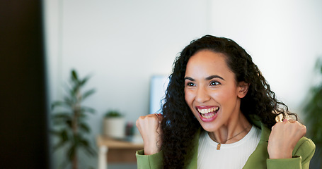 Image showing Video call, business woman and computer in office for virtual networking, global communication and remote work planning on webinar. Zoom call, corporate employee and meeting on desktop technology