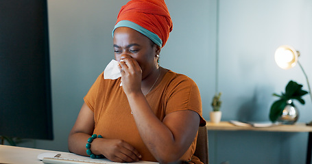 Image showing Flu, sick and sneeze business woman blowing nose at night with tissues in office for illness, sinus and allergy risk. Sneezing, allergies and black female working late on computer with health problem