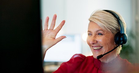 Image showing Video call, business woman and computer in office for virtual networking, global communication and remote work planning on webinar. Online meeting, corporate employee and desktop technology