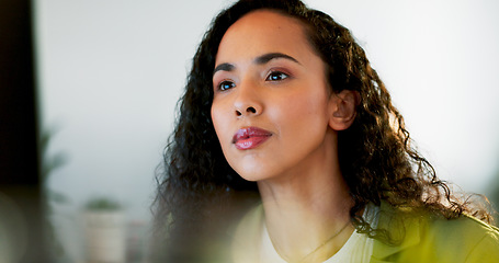 Image showing Business woman, face or thinking on computer in digital marketing office, web design studio or advertising branding startup. Zoom, mature ceo or manager on technology for website innovation or ideas