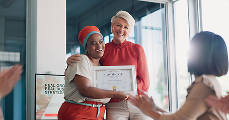 Image showing Applause, award and handshake with business woman in meeting for goal, thank you and winner. Celebration, praise and promotion with black woman and certificate for support, achievement or success