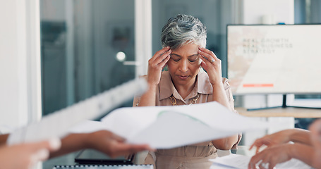 Image showing Headache, meeting and business woman stress, pain or anxiety, thinking of documents review. Burnout, fatigue or frustrated senior boss or manager in busy office with chaos of paperwork and team hands