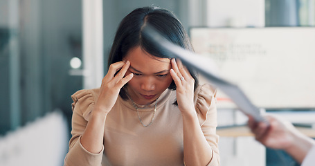 Image showing Headache, office meeting and business woman stress, anxiety or pain thinking of documents review. Burnout, fatigue or focus problem of asian worker, paperwork chaos and busy team hands in conference