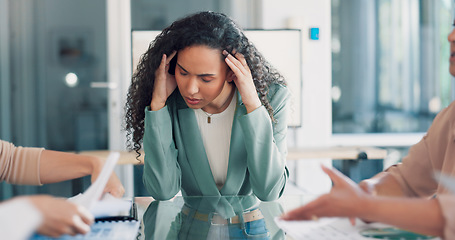 Image showing Stress, meeting and business black woman headache, pain or anxiety, thinking of documents review. Burnout, fatigue or depression of a tired worker or employee with chaos paperwork and busy team hands