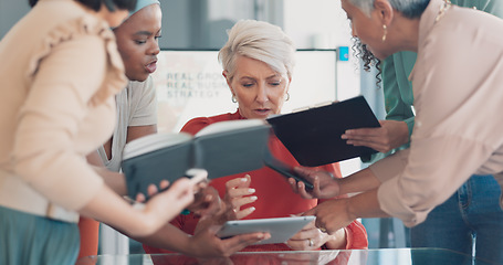 Image showing Business, woman and multitasking with stress, chaos and anxiety with team, workplace and time management. Female leader, employee and mature lady with burnout, manager busy or confused with deadlines