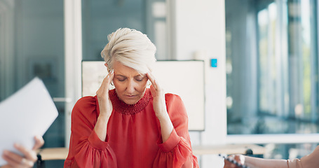 Image showing Paperwork, meeting and tired business woman with headache, stress or anxiety thinking of documents review. Burnout, fatigue and focus problem of senior manager or boss in office chaos and busy hands