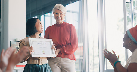 Image showing Applause, award and success with business woman in meeting for goal, thank you and winner. Celebration, praise and promotion with business people and certificate for support, achievement and branding