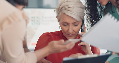 Image showing Paperwork, meeting and tired business woman with headache, stress or anxiety thinking of documents review. Burnout, fatigue and focus problem of senior manager or boss in office chaos and busy hands