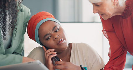 Image showing Black woman, face with stress and multitasking, burnout in business and phone call, time management mistake. Work balance fail, communication and workflow crisis, anxiety zoom with chaos in workplace