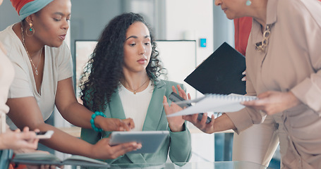 Image showing Business woman, phone call with multitasking and anxiety, burnout with documents for signature and work balance fail. Mental health, communication and chaos, crisis with anxiety and business women