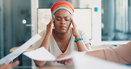 Image showing Black woman, face with stress and multitasking, burnout in business and phone call, time management mistake. Work balance fail, communication and workflow crisis, anxiety zoom with chaos in workplace