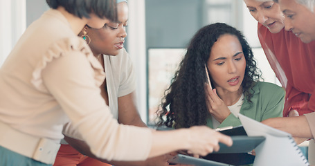 Image showing Business woman, phone call with multitasking and anxiety, burnout with documents for signature and work balance fail. Mental health, communication and chaos, crisis with anxiety and business women