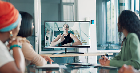 Image showing Discussion, team and video conference with screen and business people, online with business meeting and communication. Internet, webinar and online meeting, teamwork and collaboration on video call