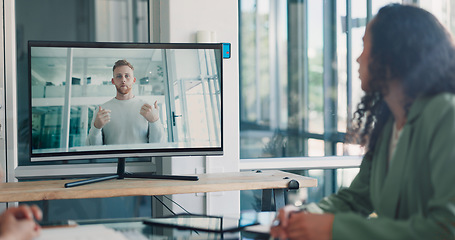 Image showing Discussion, team and video conference with screen and business people, online with business meeting and communication. Internet, webinar and online meeting, teamwork and collaboration on video call