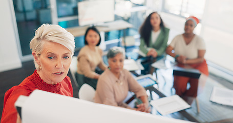 Image showing Presentation, speaker woman and business people planning, budget strategy or company agenda in a meeting. Leadership, gender equality and diversity of boss, manager or presenter talking to employees