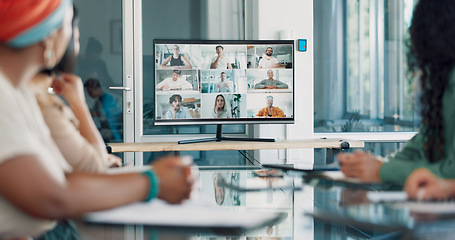 Image showing Discussion, team and video conference with screen and business people, online with business meeting and communication. Internet, webinar and online meeting, teamwork and collaboration on video call