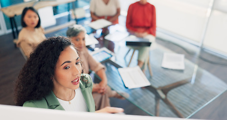 Image showing Black woman, leadership presentation and business meeting in modern office for training, team coaching and planning strategy. African girl, creative leader and teamwork collaboration or discussion