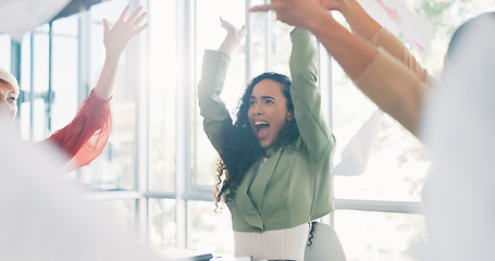 Image showing Black woman cheers, team and applause with success and support, solidarity to celebrate professional win. Business meeting, trust and corporate, happy employee group with collaboration and winner