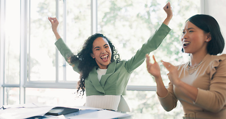 Image showing Black woman cheers, team and applause with success and support, solidarity to celebrate professional win. Business meeting, trust and corporate, happy employee group with collaboration and winner