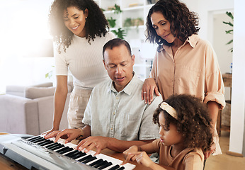 Image showing Family, keyboard piano and playing music with grandparents, mother and child with people bonding. Happiness, relationship and generations, teaching and learning, creativity and musical instrument