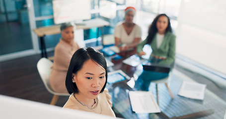 Image showing Presentation, asian woman and business people in meeting planning budget strategy or company agenda. Leadership, gender equality and diversity of boss, manager or speaker workflow in startup workshop