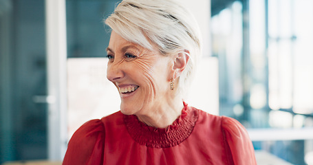 Image showing Face, laugh or humor and a senior business woman at work in her office with a carefree or positive attitude. Comic, laughter and joke with a mature female employee or manager working for success