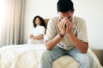 Image showing Crying, sad and couple in a conflict in the bedroom about depression, divorce or relationship mistake. Mental health, depressed and man and woman with stress from marriage, fight and argument