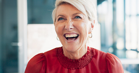 Image showing Face, laugh or humor and a senior business woman at work in her office with a carefree or positive attitude. Comic, laughter and joke with a mature female employee or manager working for success