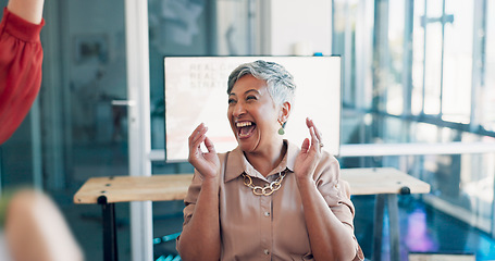 Image showing Business people, celebrate and paper with applause for success, winning in business meeting with team. Celebration, cheers and happy employee group, teamwork and professional winner with documents