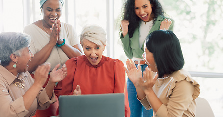 Image showing Success, applause and team at laptop with woman at startup business with email or office announcement. Congratulations, clapping hands and support for winner teamwork, achievement and collaboration.