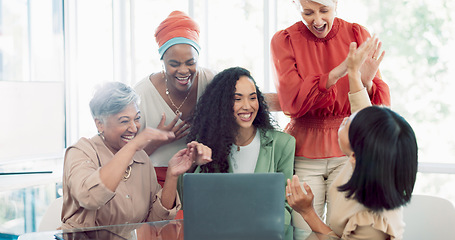 Image showing Success, applause and team at laptop with black woman at startup business and email or office announcement. Congratulations, wow and women clapping hands, support and high five for target achievement