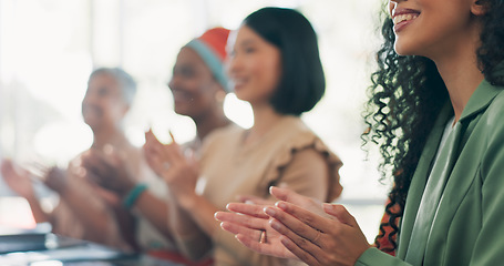 Image showing Success, business meeting and team clapping hands for an achievement, celebration or congratulations. Applause, good news and group of corporate employees celebrating successful teamwork in workplace