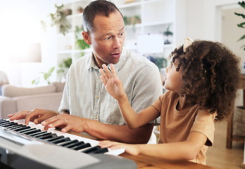 Image showing Piano, learning and girl with grandfather in home, playing or bonding together. Wow surprise, education and shocked grandpa teaching kid how to play musical instrument, acoustic and electric keyboard